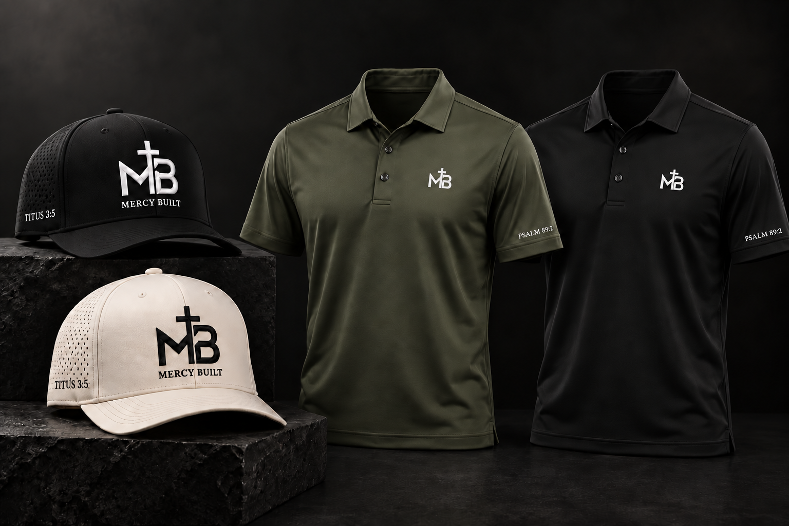 Mercy Built black and cream hats with olive and black golf polos