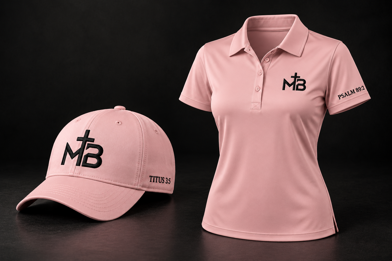 Mercy Built blush pink hat and women's polo with black MB cross logo